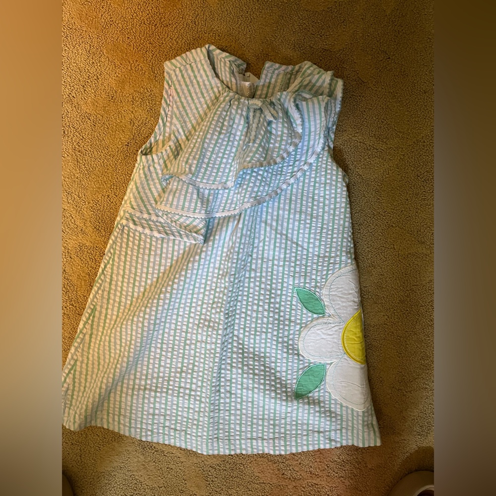 Seersucker Ruffled Striped Dress with Flower Applique